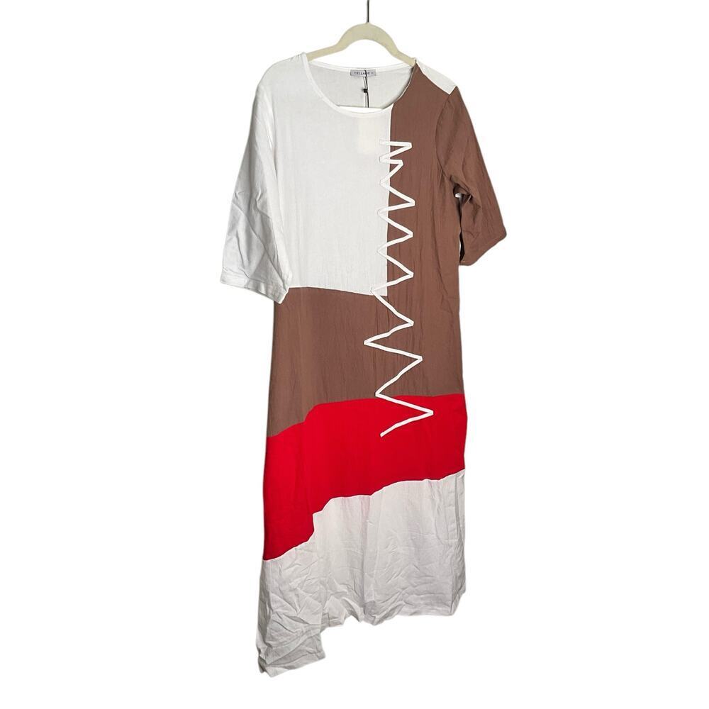 Cellabie Maxi Cotton Blend Dress Short Sleeve Colorblock White/Multi Size XL NWT